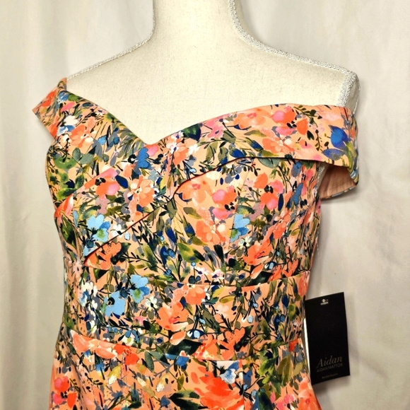 Aiden Mattox Pink Green Blue Floral Drop Shoulder Sheath Midi Dress 12 - Picture 3 of 11